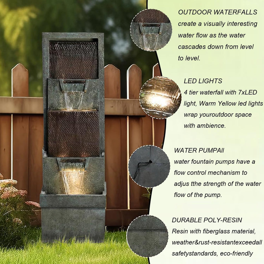 Hamiedun 39.3'H Outdoor Garden Waterfall Fountain-Indoor Water Fountain with LED Lights, for Gardens, Landscaping, Patios, Balconies, Office,and Lawns for a Calming Oasis in Outdoor Living Art Decor
