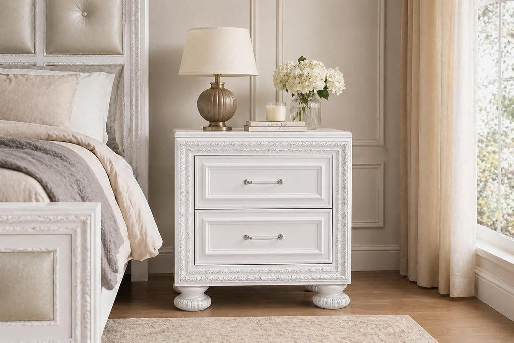 First of a Kind Contemporary Wood Bedside Table Penta Collection Pearl White Finish Modern Structured Design Nightstand Carved Detailing Elegant Coordinated Furniture Piece