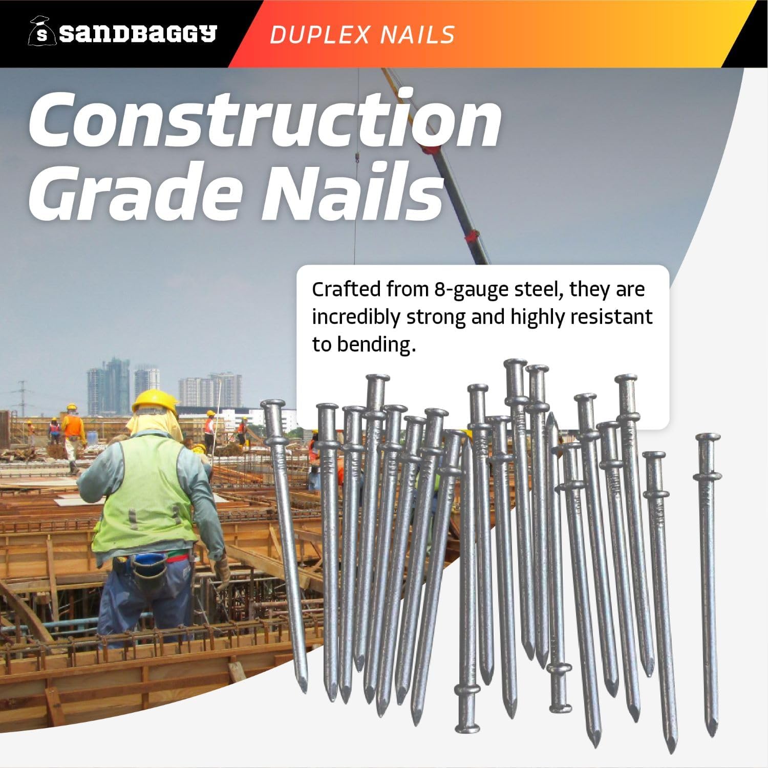 Sandbaggy 16d Duplex Nails (3.5' Long) - Temporary Construction, Concrete Forms, Scaffolding - 8 Gauge Steel - Smooth Shank, Flat Head - Removable/Reusable (20000)