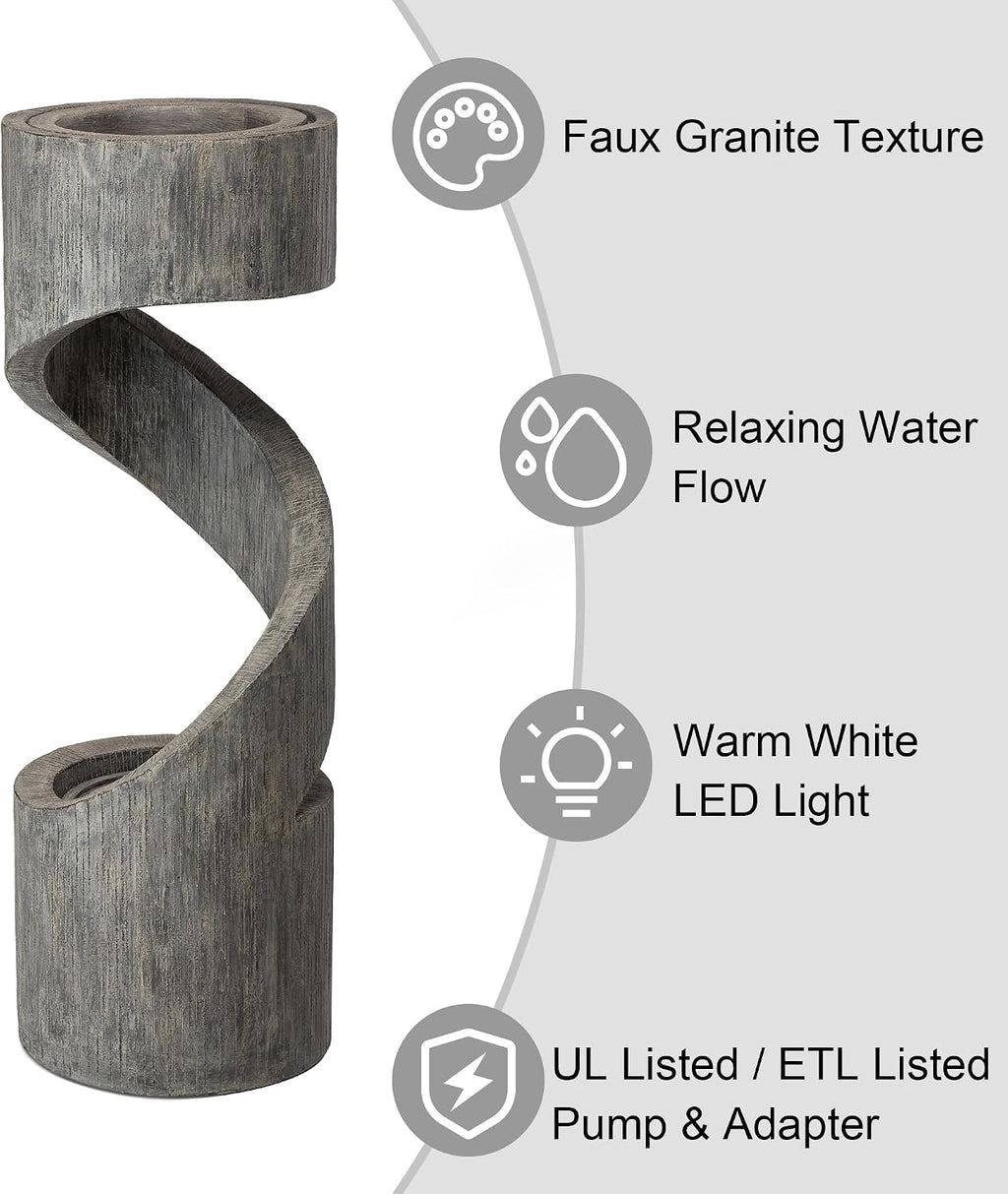 Glitzhome Outdoor Fountain with LED Light, Oversized Spiral Water Fountain Outdoor with Stone Planter, Modern Curved Waterfall Fountains Water Feature for Garden Patio, 40'H