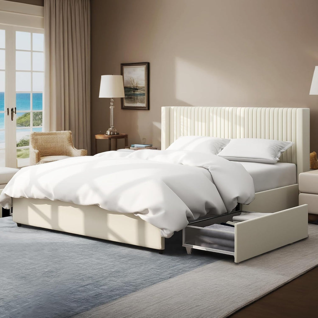 Queen Size Storage Bed Frame with 2 Drawers, Ivory Velvet Upholstered Wingback Platform Bed, Vertical Channel Tufted Headboard, Metal Frame Support, No Box Spring Needed | 2 Drawers, Metal Frame Support, No Box Spring Needed, Quick-Setup Tooling