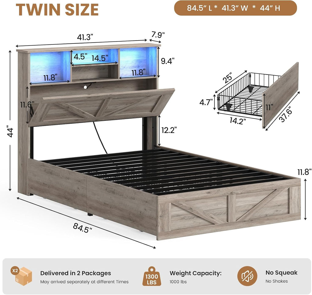 AOGLLATI Twin Bed with Storage Bookcase Headboard and 4 Drawers,Wooden Farmhouse Twin Bed Frame with Charging Station, Led Lights & Metal Slats,Grey