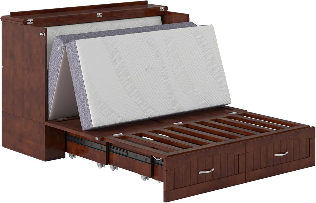AFI, Southampton Murphy Bed Chest Full with 6' Mattress, Built-in USB Charger & Storage Drawer, Walnut
