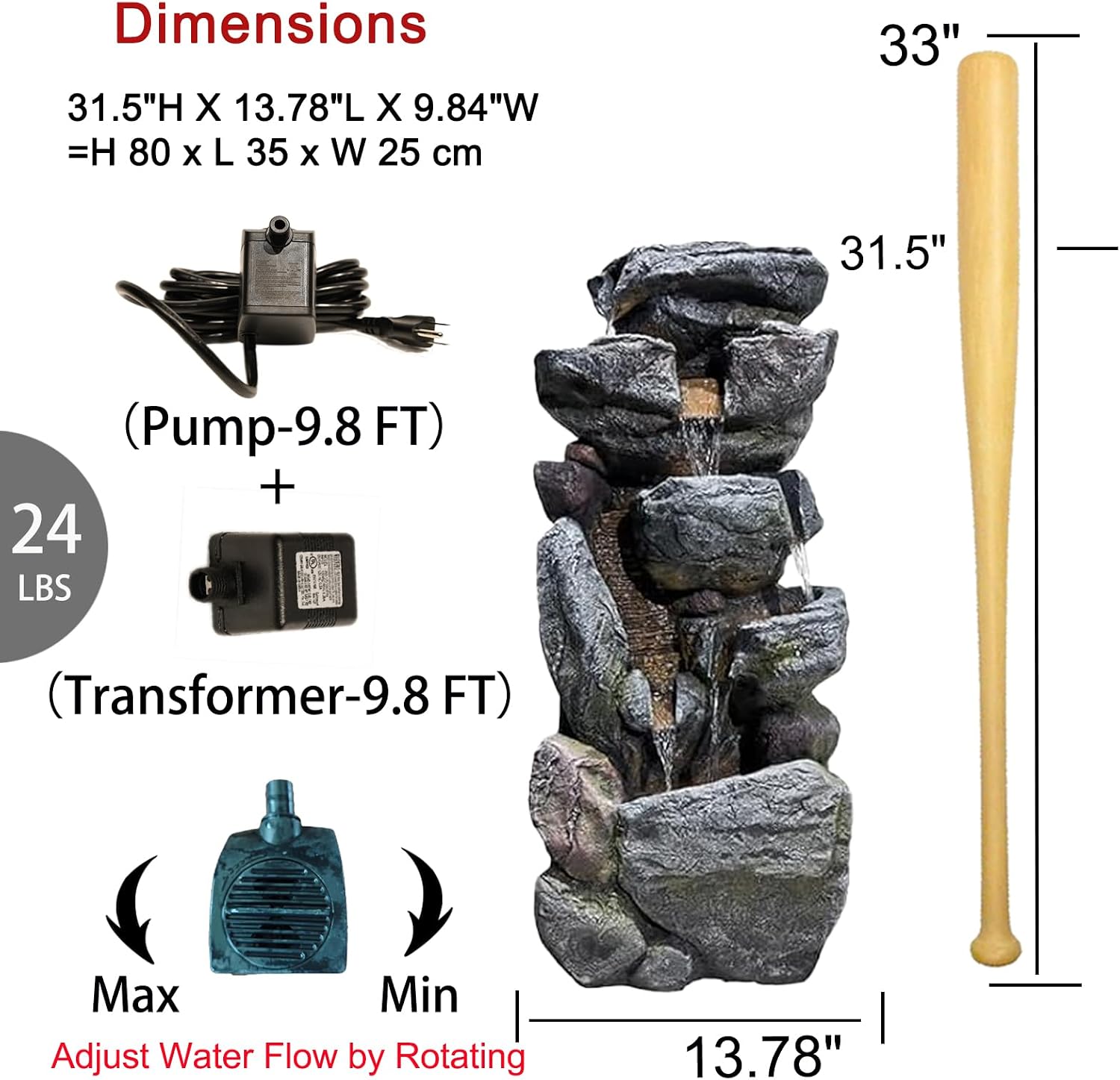 Bumilgar Water Features Outdoor Patio 6-Tier Cascading Rock Water Fountain 31.5''Water Fall Fountain Outside Resin Fountain with Light Mossy Rock Floor Garden Fountain Indoor for Relaxation Home Decor