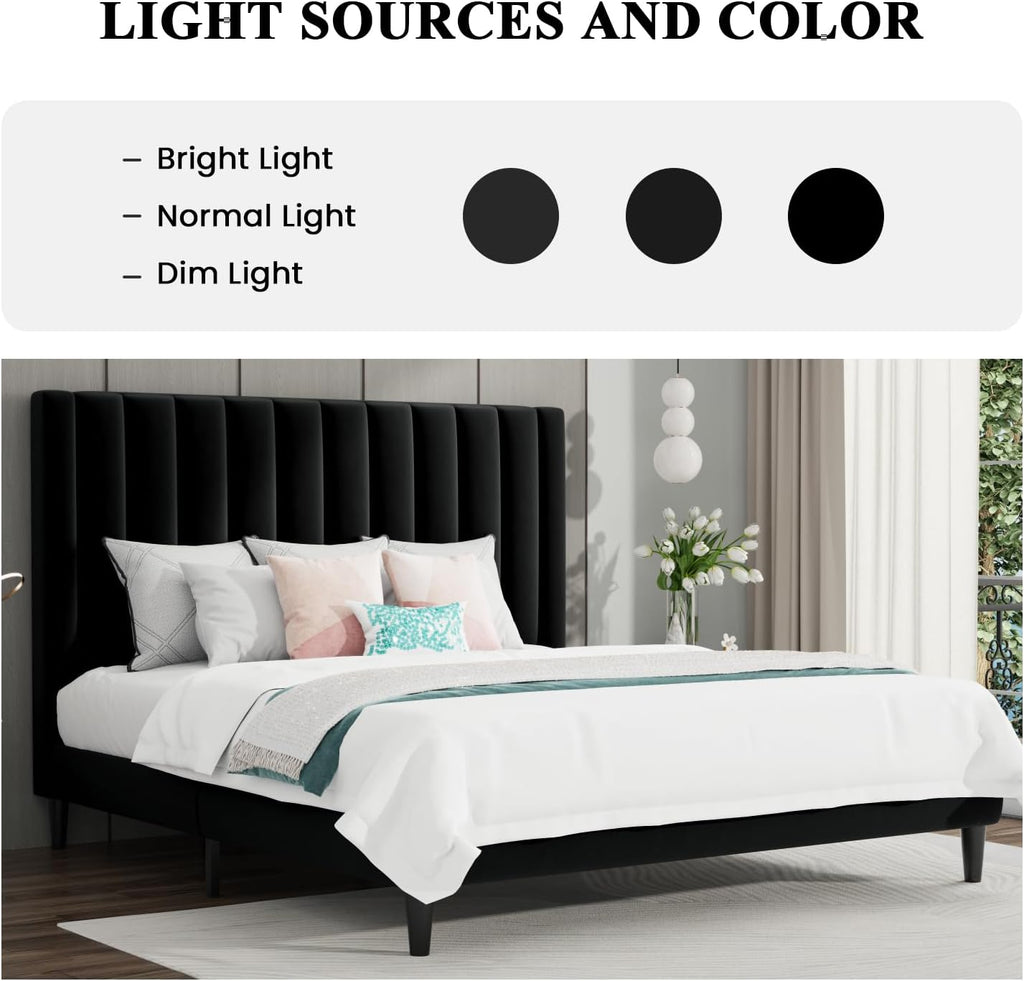 SHA CERLIN Queen Bed Frame/Velvet Upholstered Platform Bed Frame with Headboard/Strong Wood Slats Support/Mattress Foundation/No Box Spring Needed - Black