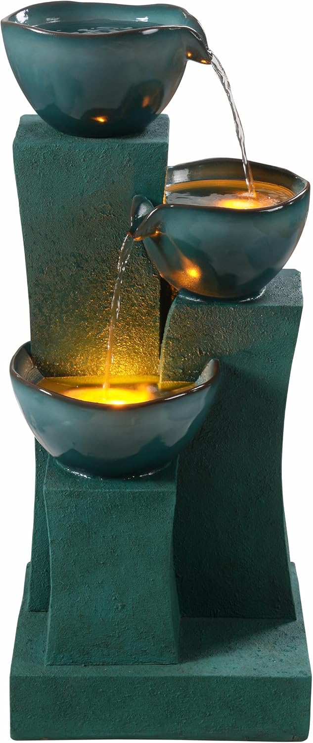 Teamson Home 28.54 in. 3-Tier Cascading Outdoor Water Fountain with LED Lights for Gardens, Landscaping, Patios, Balconies, Lawns, Green
