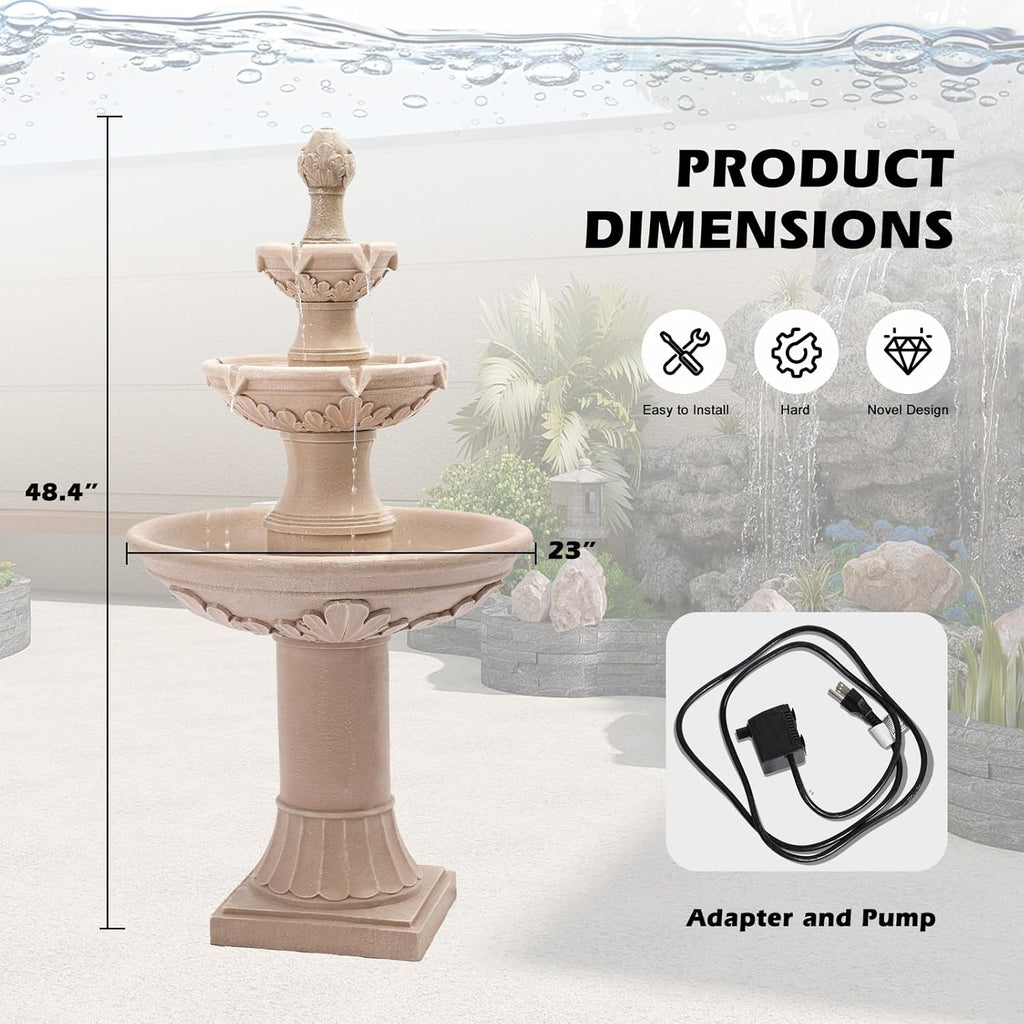 Grepatio Italian Outdoor Water Fountain, 48.4' H Bubbler Garden Waterfalls Fountains, 3 Tiered Roman Pillar Floor Water Fountain for Indoor, Yard, Lawn and Garden Décor