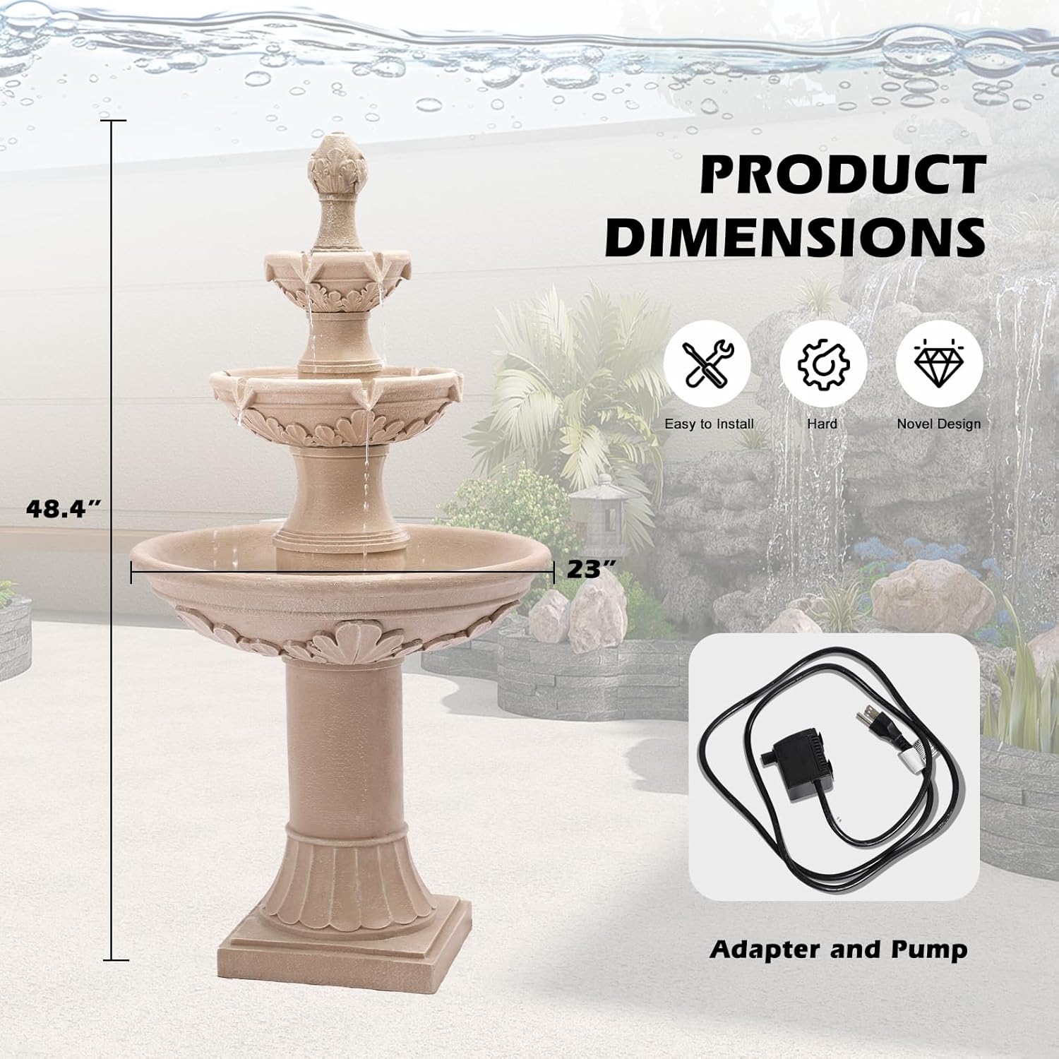 Grepatio Italian Outdoor Water Fountain, 48.4' H Bubbler Garden Waterfalls Fountains, 3 Tiered Roman Pillar Floor Water Fountain for Indoor, Yard, Lawn and Garden Décor