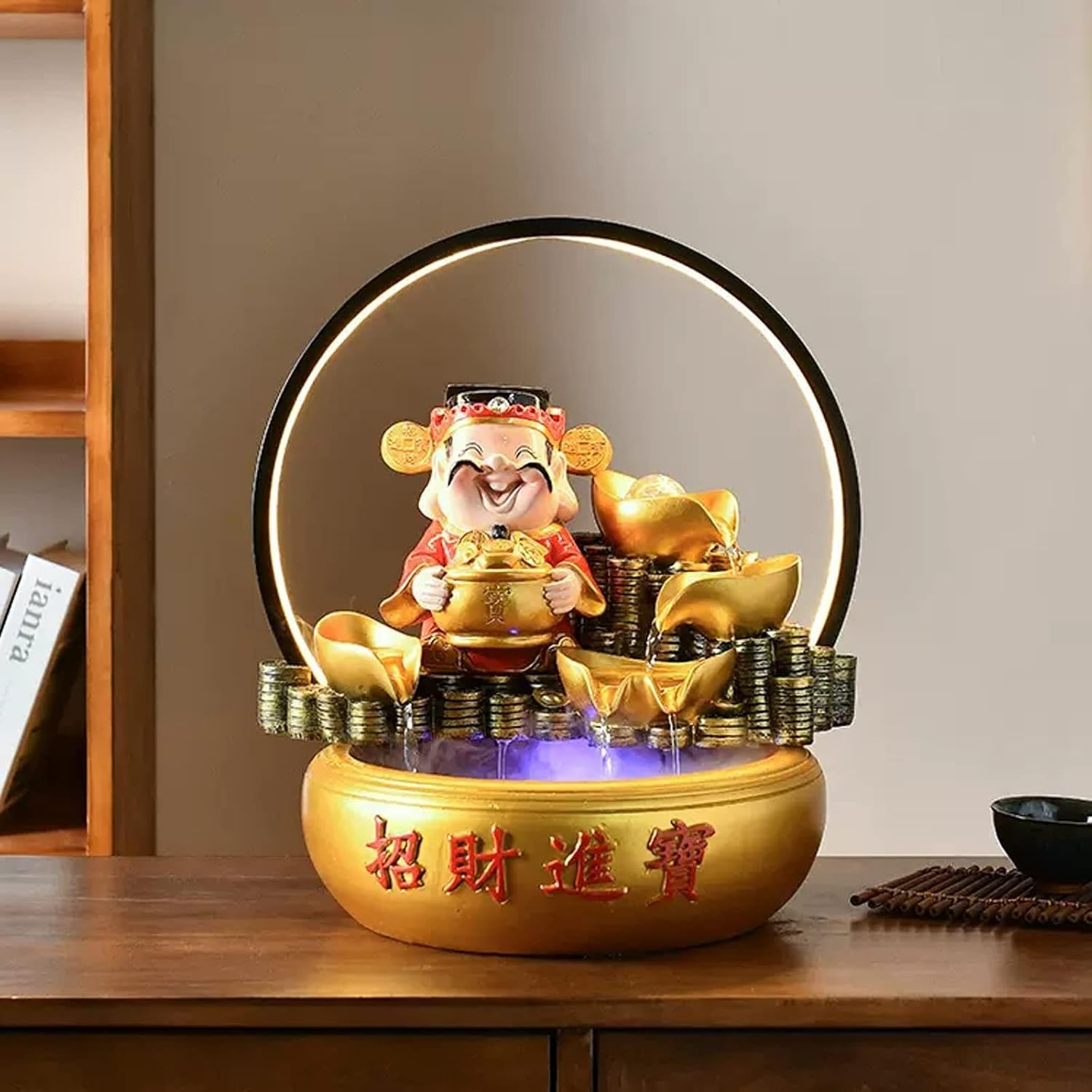 Tabletop Fountain Chinese Lucky Fortune Tabletop Fountain Waterfall Desktop Electric Water Decor w/LED Indoor Portable Decorative Meditation Kit Includes Submersible Pump(Large)