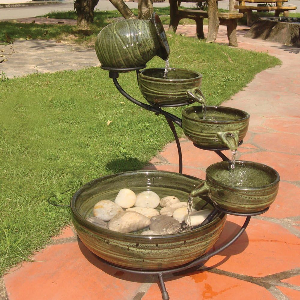 Smart Solar Glossy Ceramic 4-Tiered Cascade Solar-Powered Fountain with 10' Cable, Elegant Cascading Outdoor Solar Garden Fountain, Green