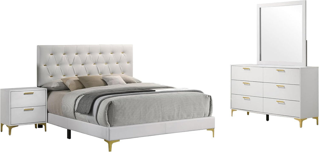 Coaster Home Furnishings Kendall 4-piece Modern Bedroom Set Queen Size Upholstered Tufted Bed Frame Velvet Upholstery Nightstand Dresser and Mirror White 224401Q-S4