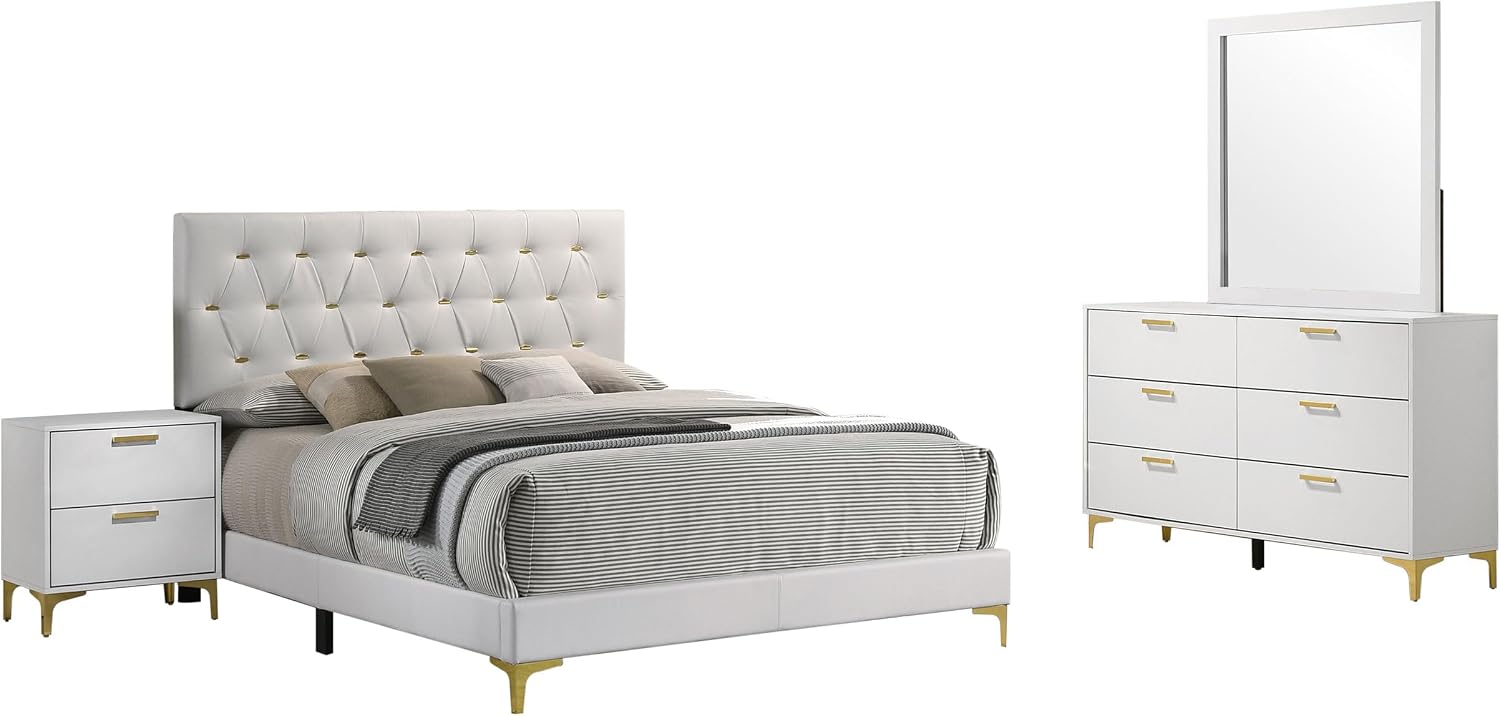 Coaster Home Furnishings Kendall 4-piece Modern Bedroom Set Queen Size Upholstered Tufted Bed Frame Velvet Upholstery Nightstand Dresser and Mirror White 224401Q-S4