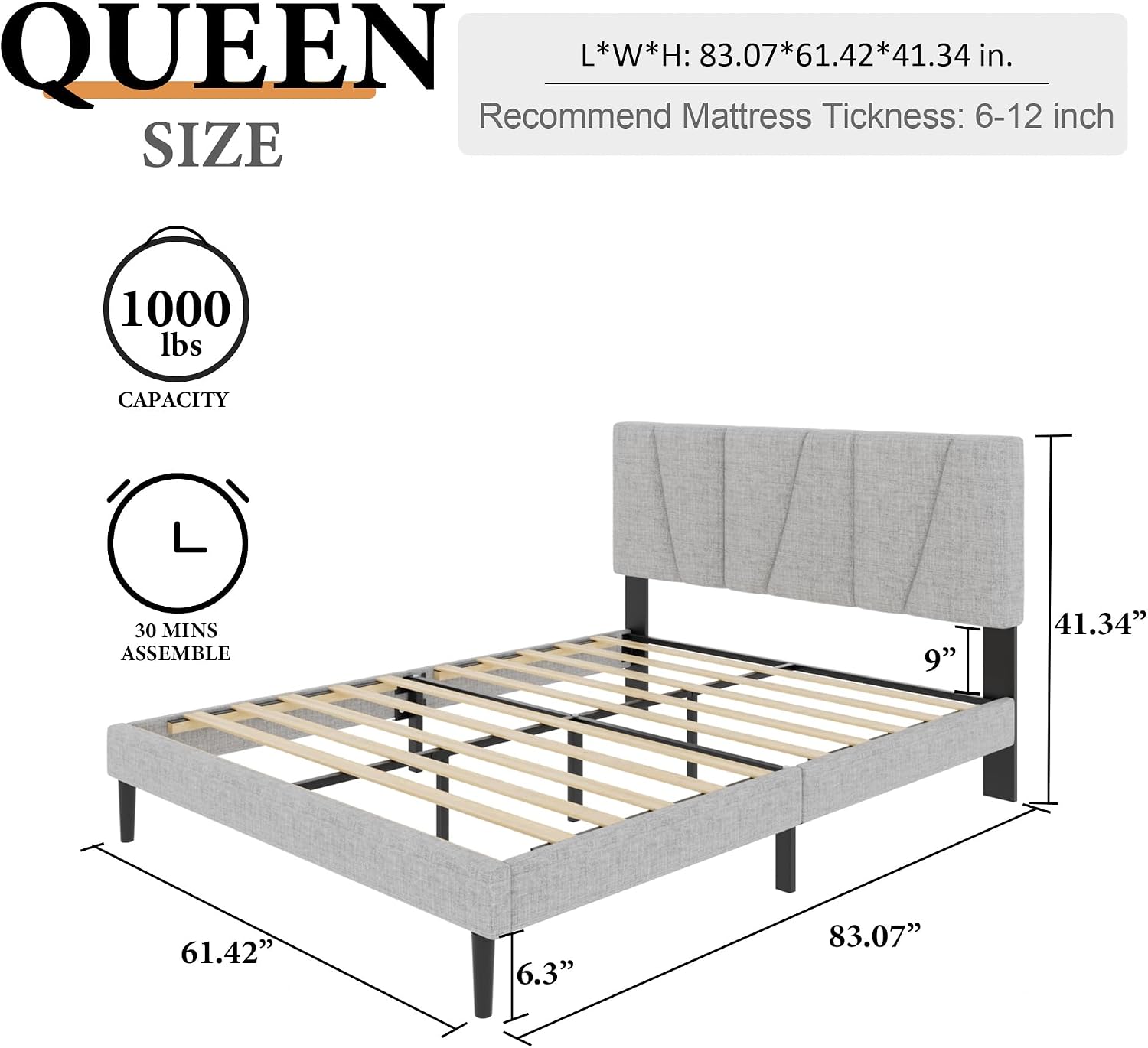 Sismplly Queen Size Platform Bed Frame with Upholstered Headboard, Wooden Slats Support, Noise Free, No Box Spring Needed, Easy Assembly, Light Grey, Linen