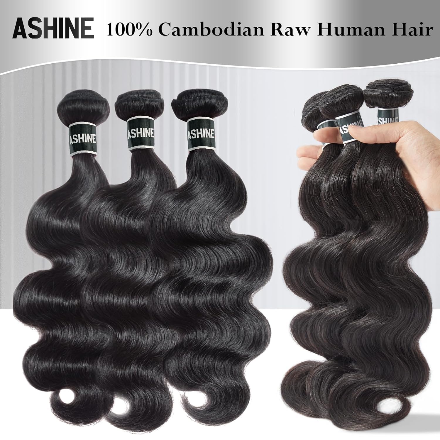 ASHINE Human Hair Bundles Body Wave, Unprocessed Cambodian Raw Hair Bundles for Women Natural Black 26 28 30 Inch, Keep Soft and Silky After Multiple Washes