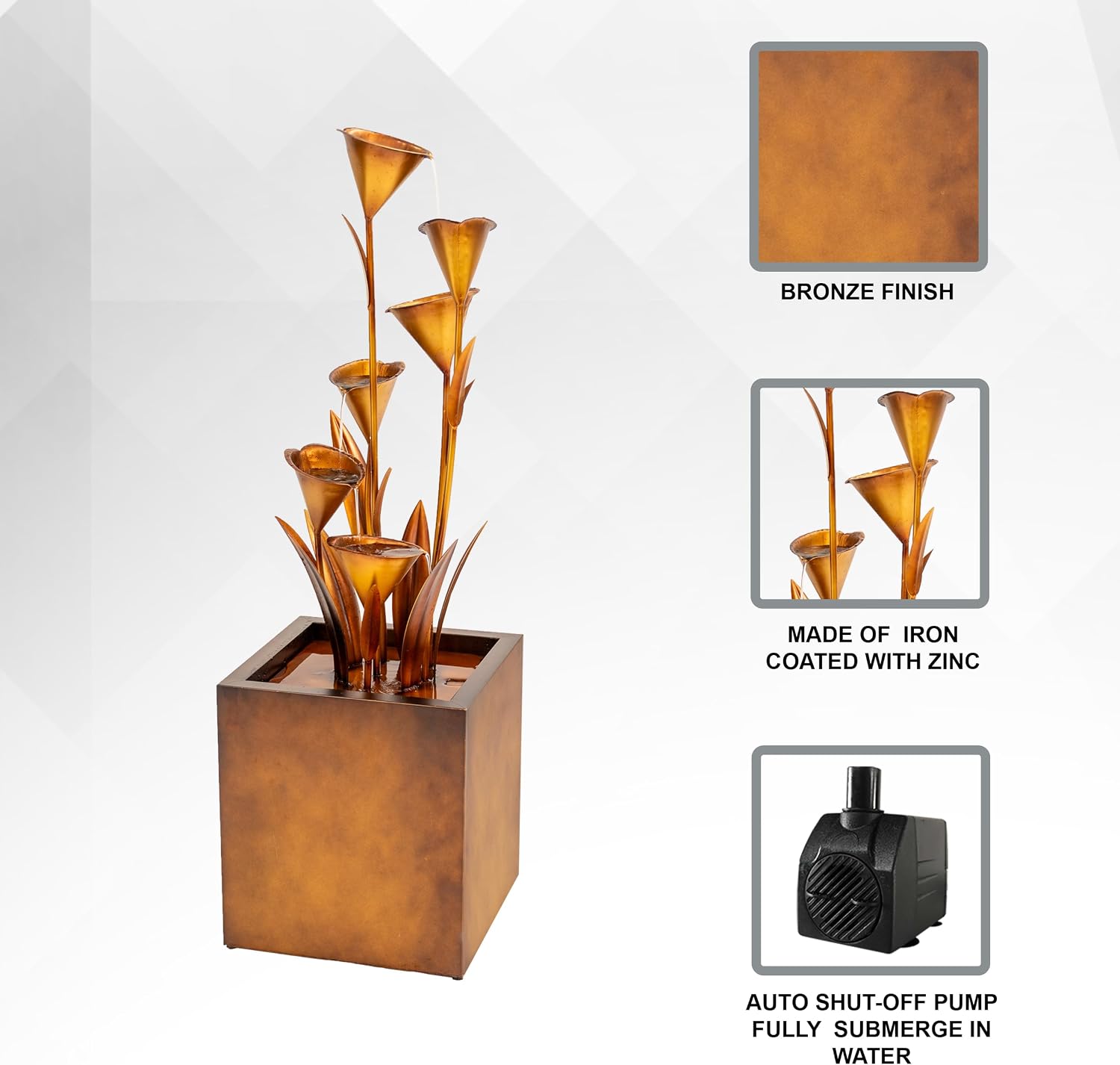 XBrand 46' Tall Bronze Metal Sculptural Flower Multi-Tier Freestanding Water Fountain Without LED Lights