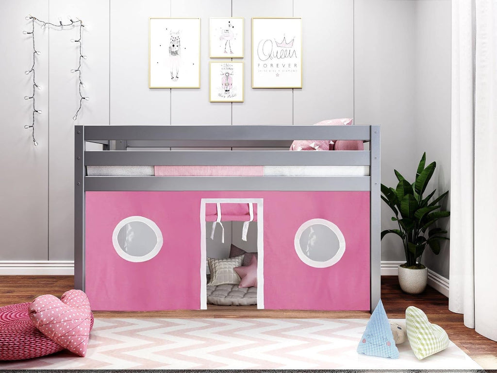 Jackpot! Contemporary Low Loft Twin Bed with End Ladder, Gray with Pink & White Tent