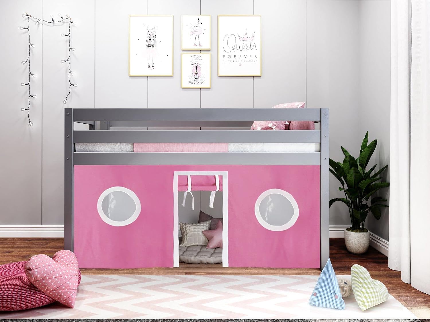 Jackpot! Contemporary Low Loft Twin Bed with End Ladder, Gray with Pink & White Tent