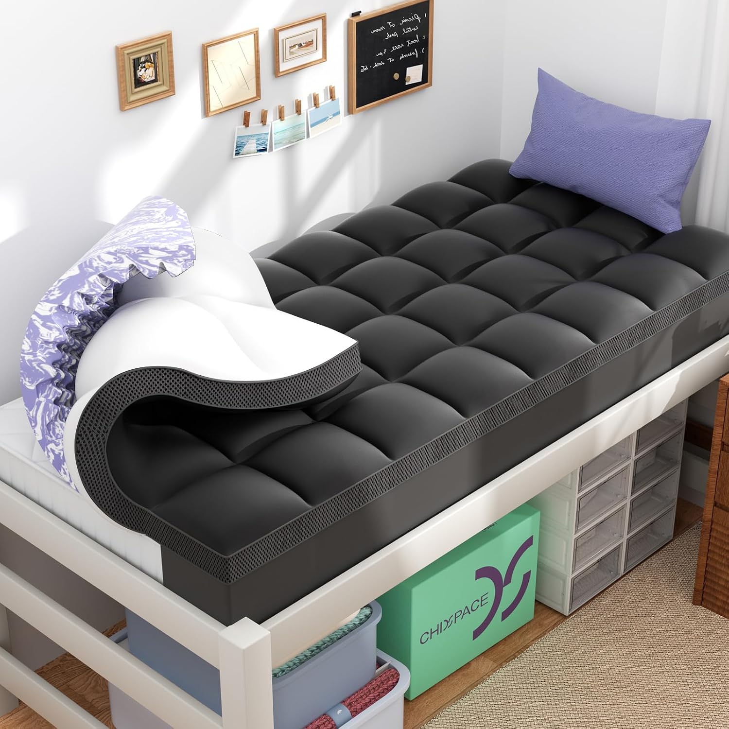 ChiXpace Dual Layer 5 Inch Memory Foam Mattress Topper Twin XL - 2 Inch Gel Memory Foam and 3 Inch Pillow Top Mattress Pad, 7-Zone Egg Crate Twin XL Size Mattress Topper (Black)