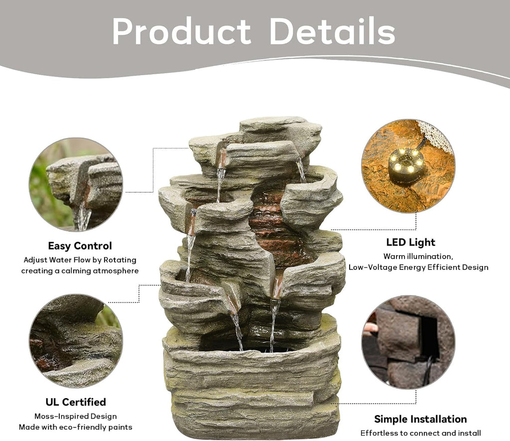 24.2' H Rock Cascading Water Fountain Outdoor&Indoor, 6-Tier Garden Naturefalls Fountains, Floor-Standing Waterfall with Lights for Patio, Backyard, Deck, Porch, Home DéCor, Stone Gray