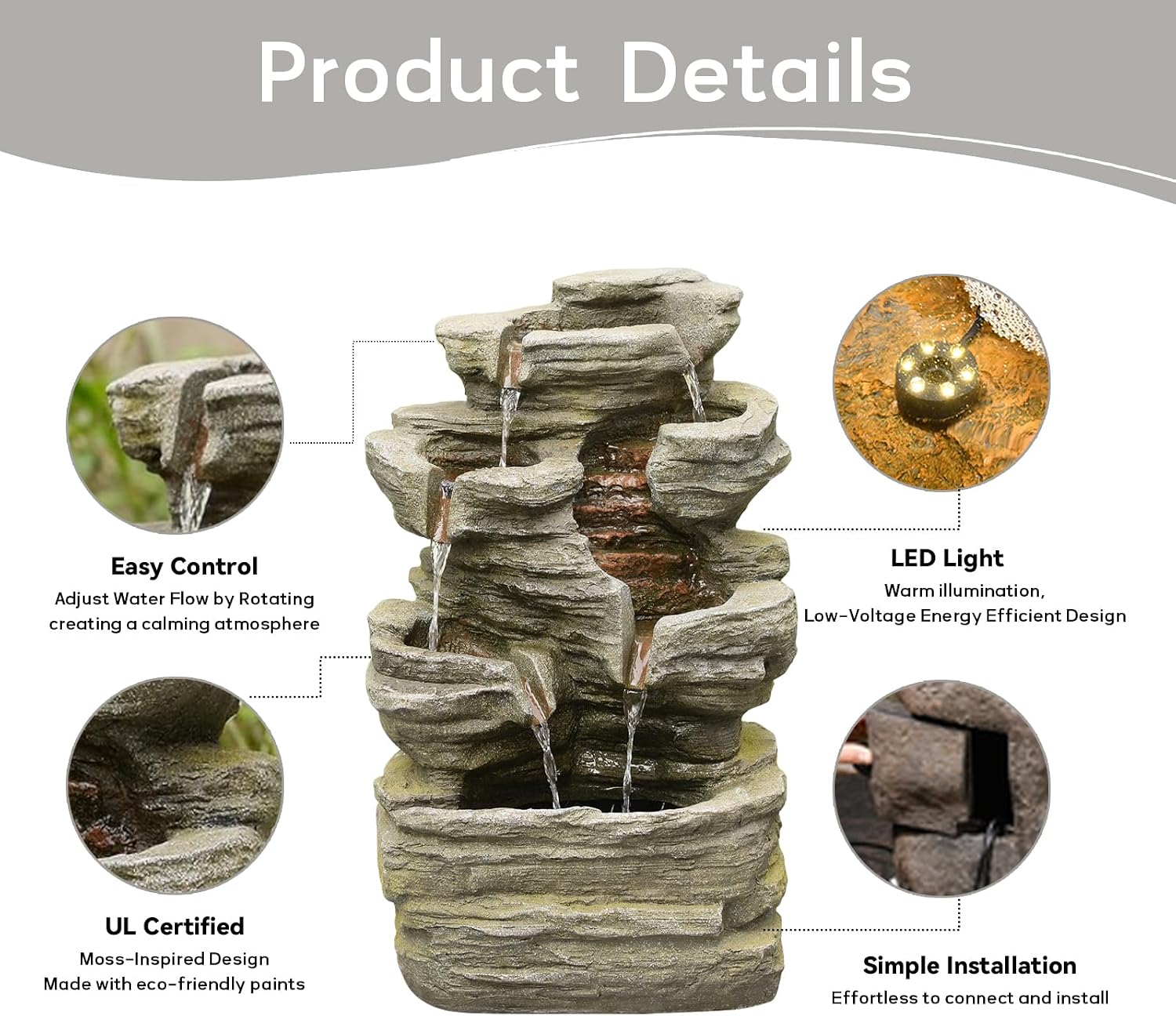 24.2' H Rock Cascading Water Fountain Outdoor&Indoor, 6-Tier Garden Naturefalls Fountains, Floor-Standing Waterfall with Lights for Patio, Backyard, Deck, Porch, Home DéCor, Stone Gray