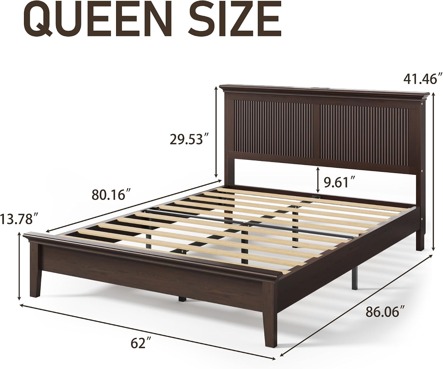Lifezone Wood Queen Bed, Solid Wood Bed With Tall Headboard, American Vintage Design, Queen Bed With Charging Station & RGB LED, Wood Slats Support, Noise-Free, Sturdy Structure, Easy Assembly, Walnut