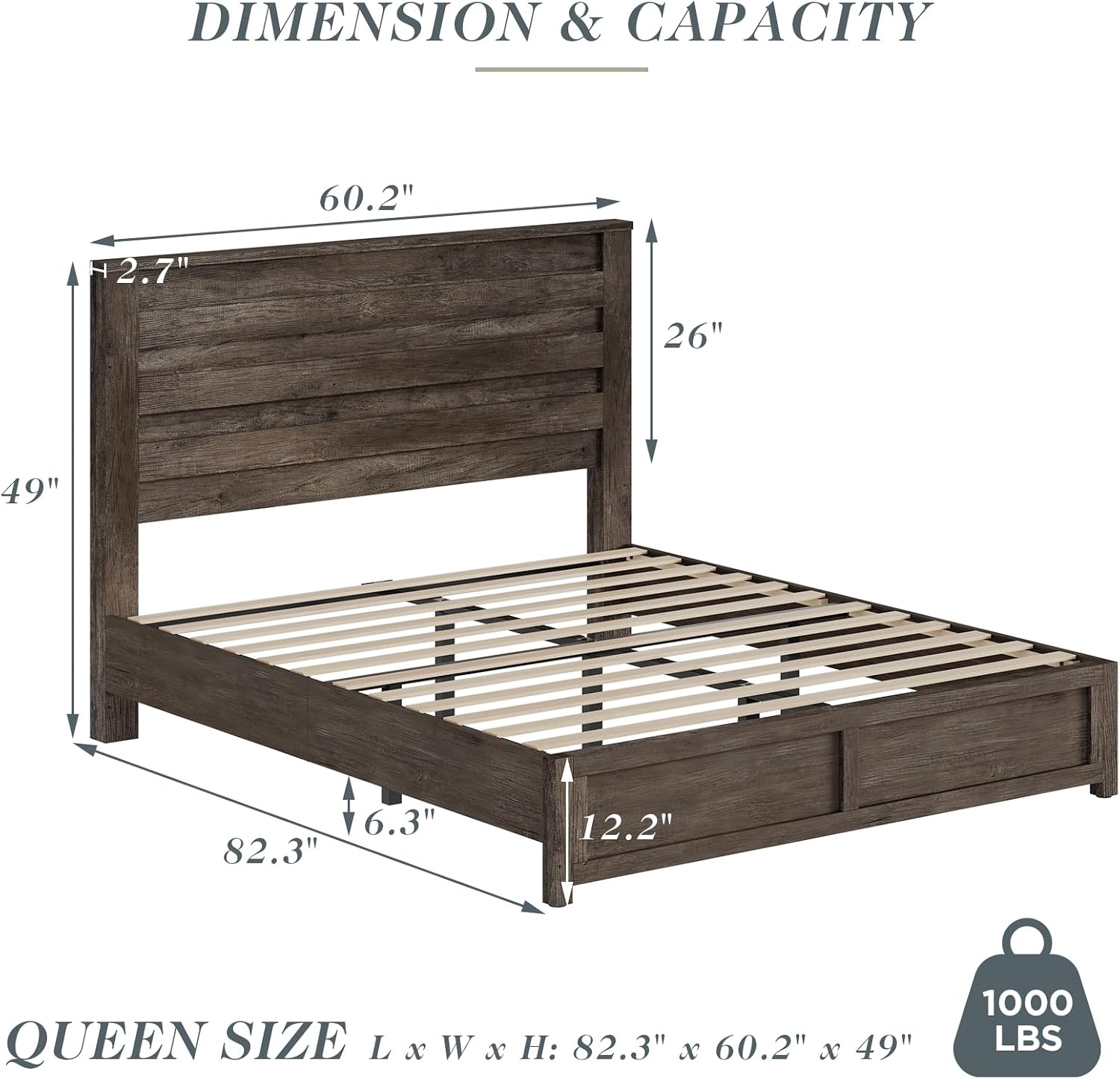Albott Queen Size Platform Bed Frame with 49' Headboard, Farmhouse Bed Frame with Wood Slat Support/No Box Spring Needed/Easy Assembly, Rustic Grey