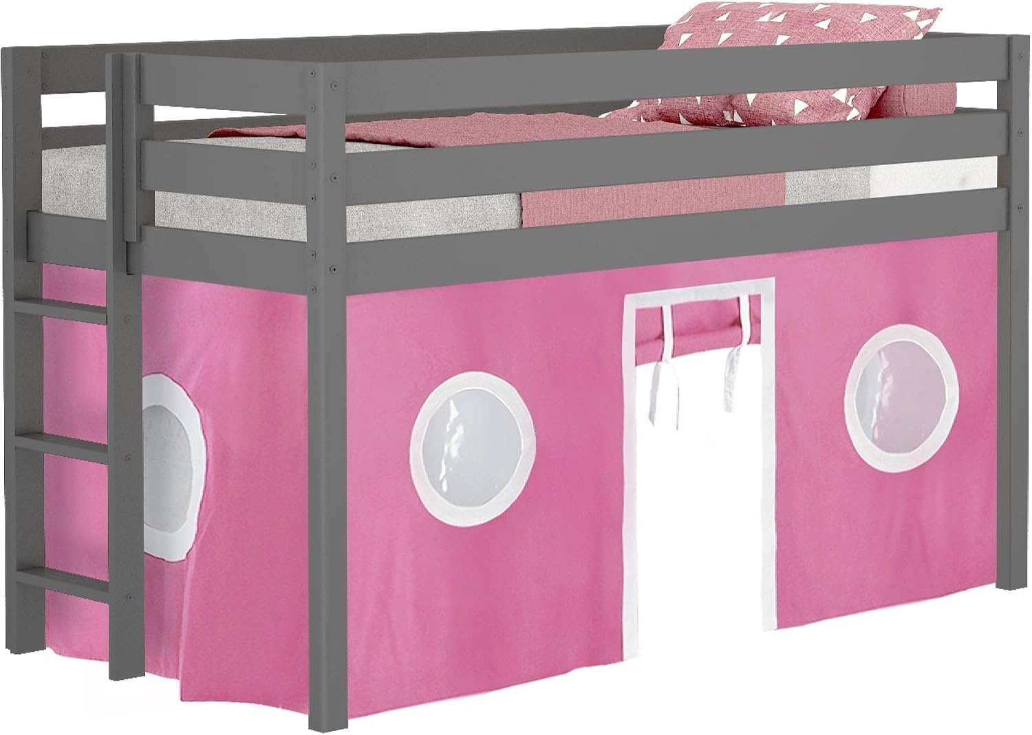 Jackpot! Contemporary Low Loft Twin Bed with End Ladder, Gray with Pink & White Tent