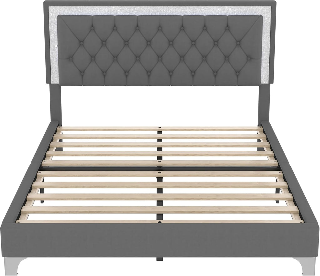 GDFStudio Homay 3-Piece Bedroom Sets, Queen Size Upholstered Platform Bed with Two Nightstands, Upholstered Velvet Bed Frame, Adjustable Headboard, Slat Support, No Spring Box Needed, 44-46'' H, Gray