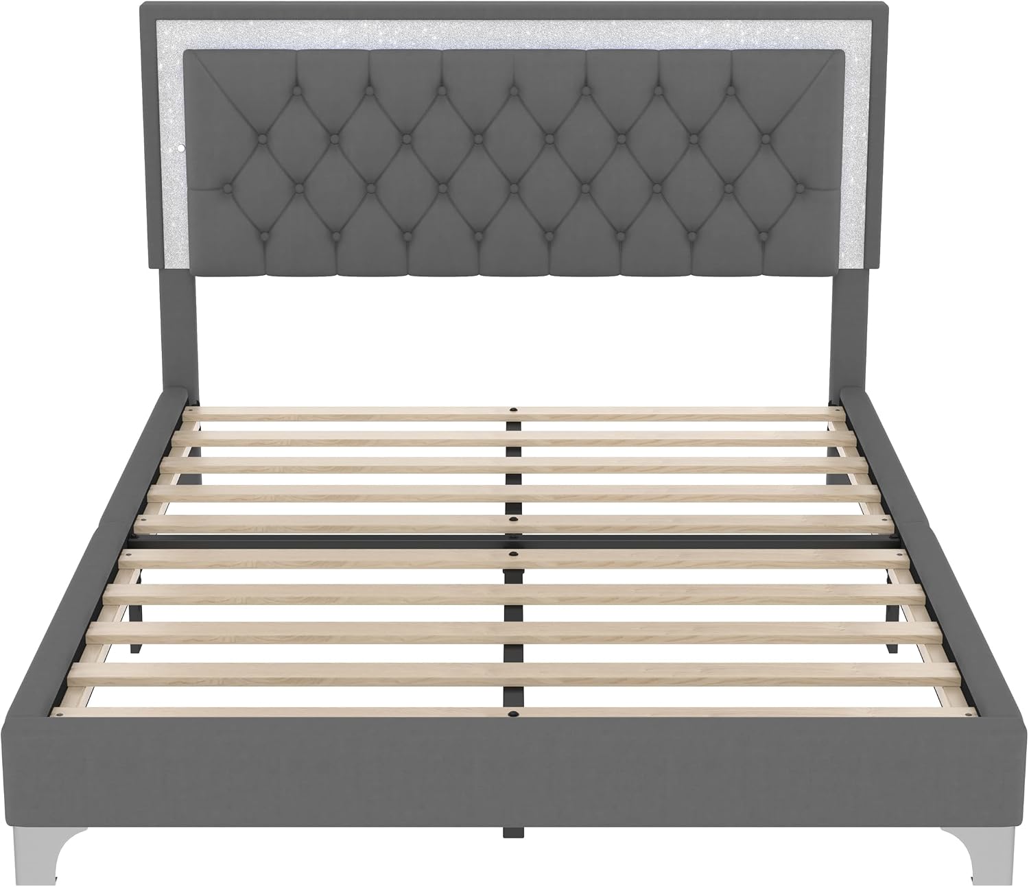 GDFStudio Homay 3-Piece Bedroom Sets, Queen Size Upholstered Platform Bed with Two Nightstands, Upholstered Velvet Bed Frame, Adjustable Headboard, Slat Support, No Spring Box Needed, 44-46'' H, Gray
