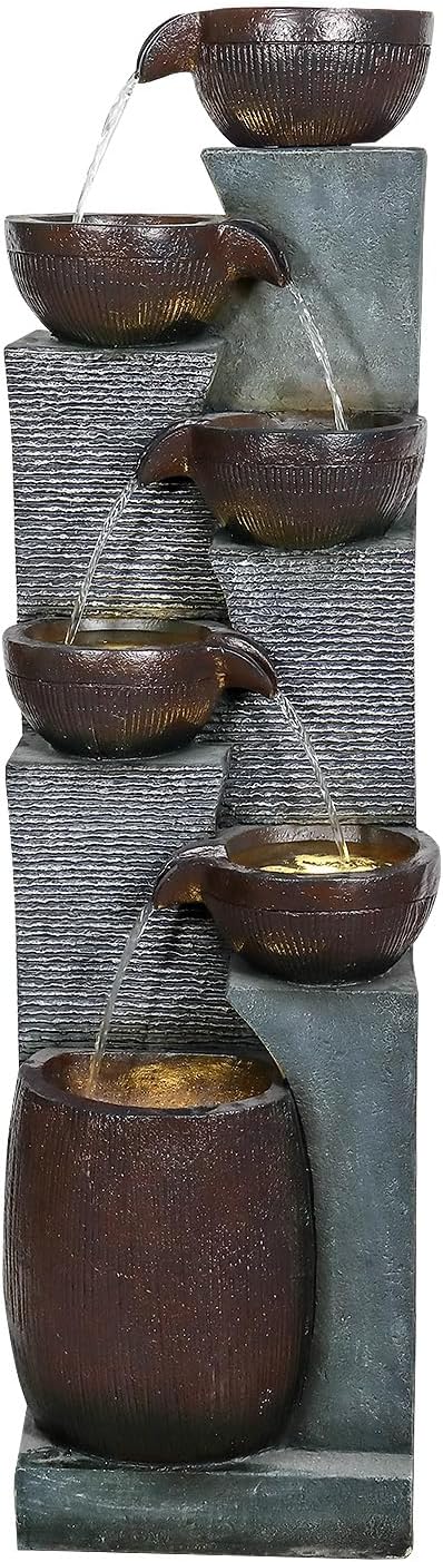 SunJet 6-Tiers Indoor/Outdoor Garden Water Fountain - 53.5inches Modern Floor-Standing Cascading Water Feature - Suitable for Deck, Patio, Porch, Yard Decor