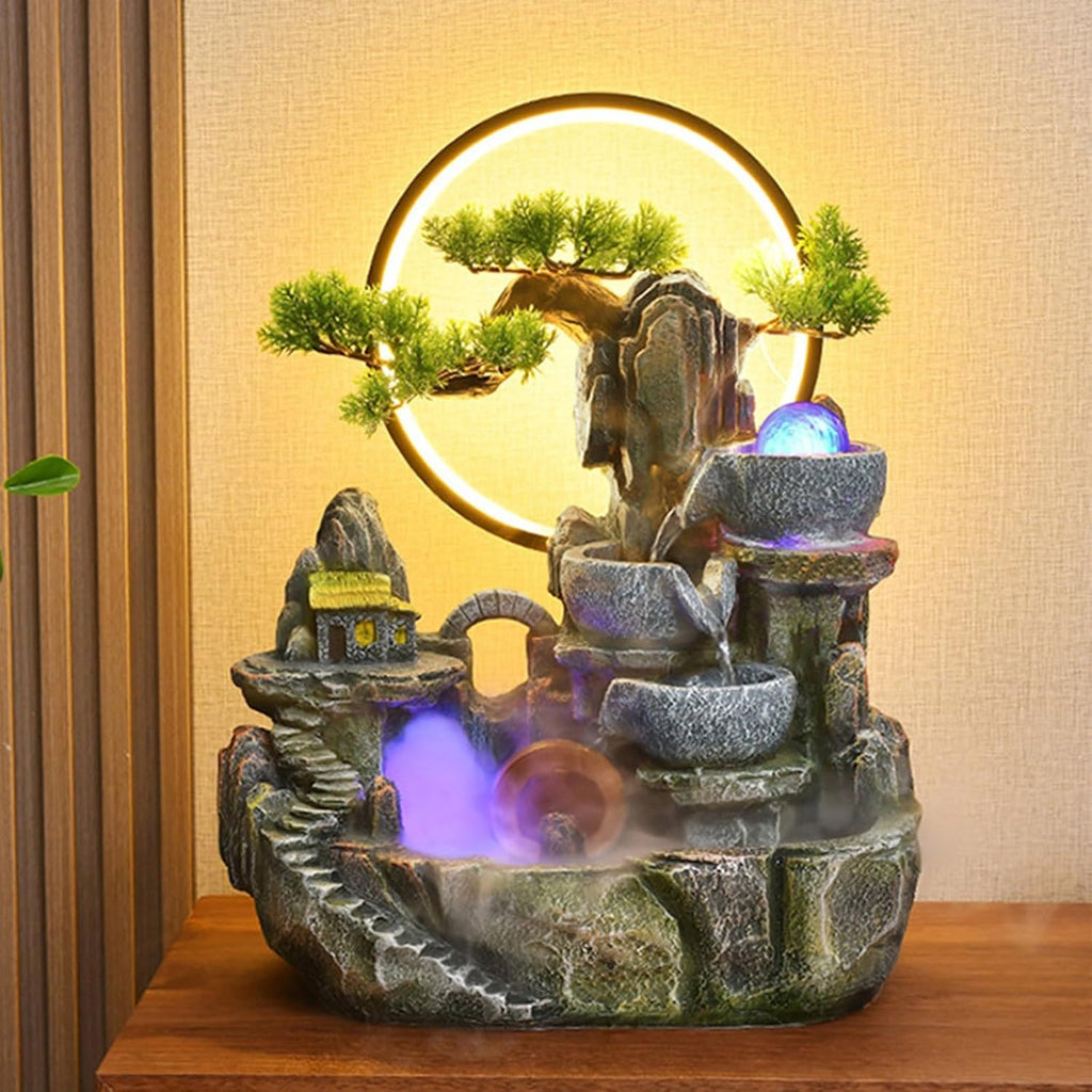 Indoor Water Fountain Tabletop Waterfall, Table Fountain, Tiered Cascade Design with LED Lights, for Home Office Bedroom Relaxation Decor(10.6x6.3x14.6in)
