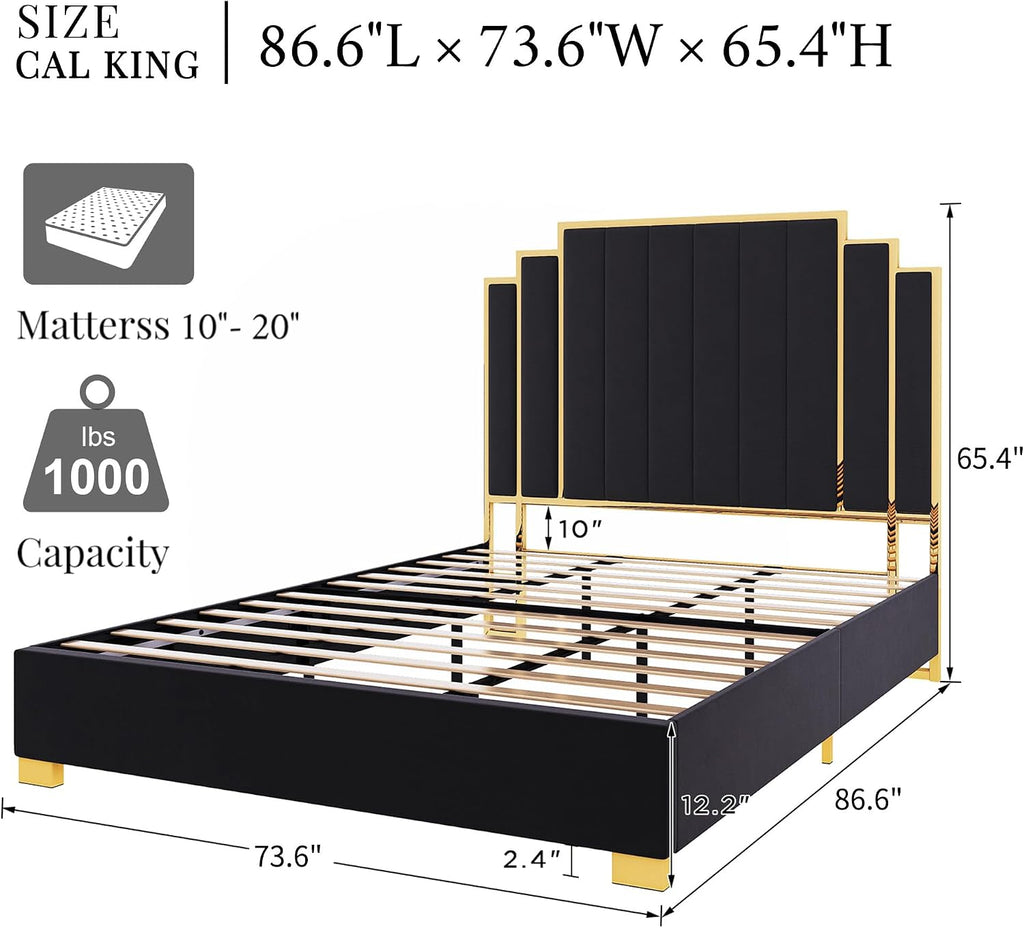 Albott California King Size Platform Bed Frame, 65' Velvet Upholstered Bed with Gold Trim Headboard/Wooden Slats/No Box Spring Needed/Black
