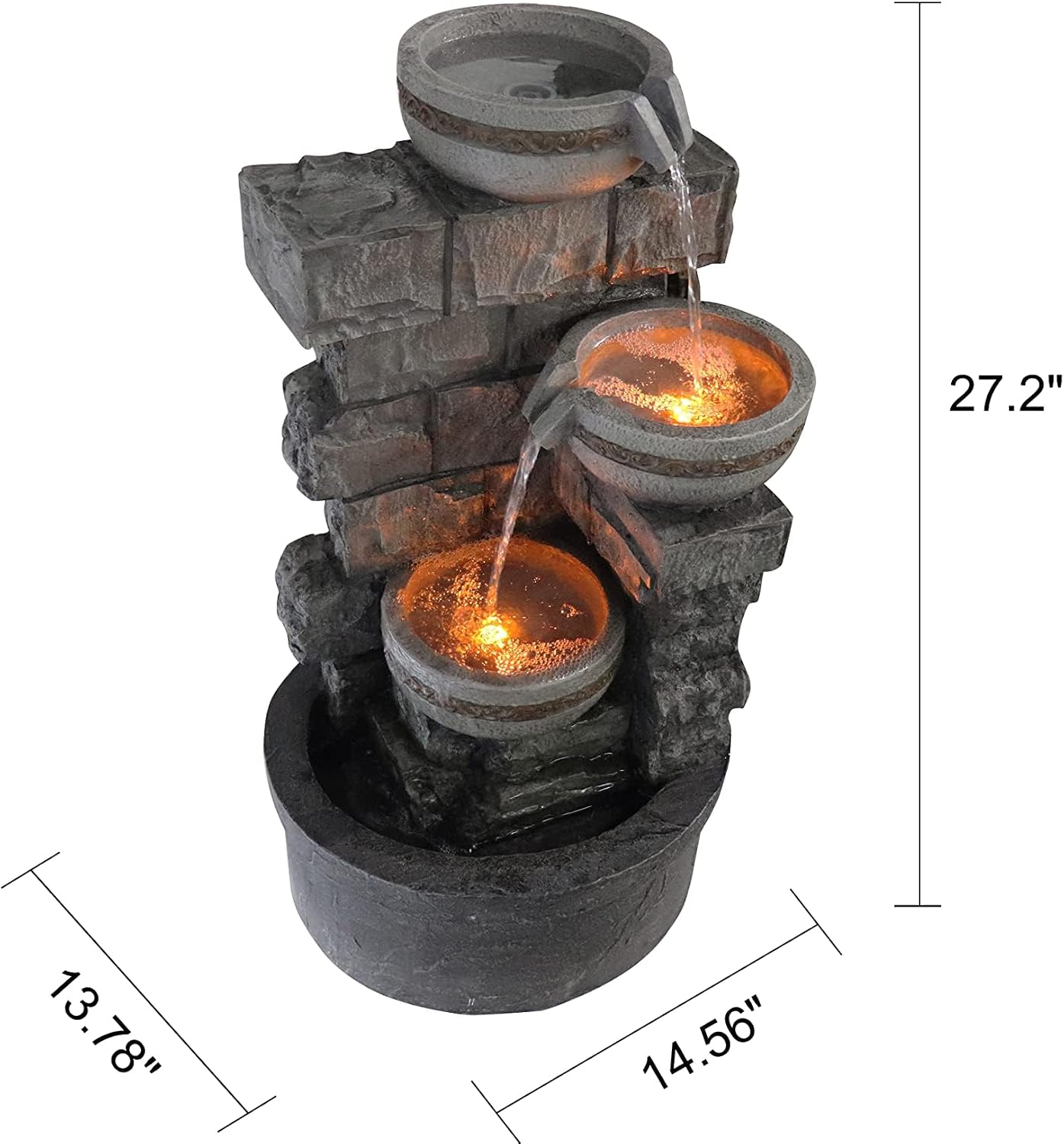 Cheng Pin 3 Tiers Outdoor Water Fountain, 28 Inch Tall Stacked Stones Cascading Bowl Fountain, Relaxing Waterfall Flow Water Feature, Bird Rest Station for Garden, Lawn, Yard Outdoor Decor