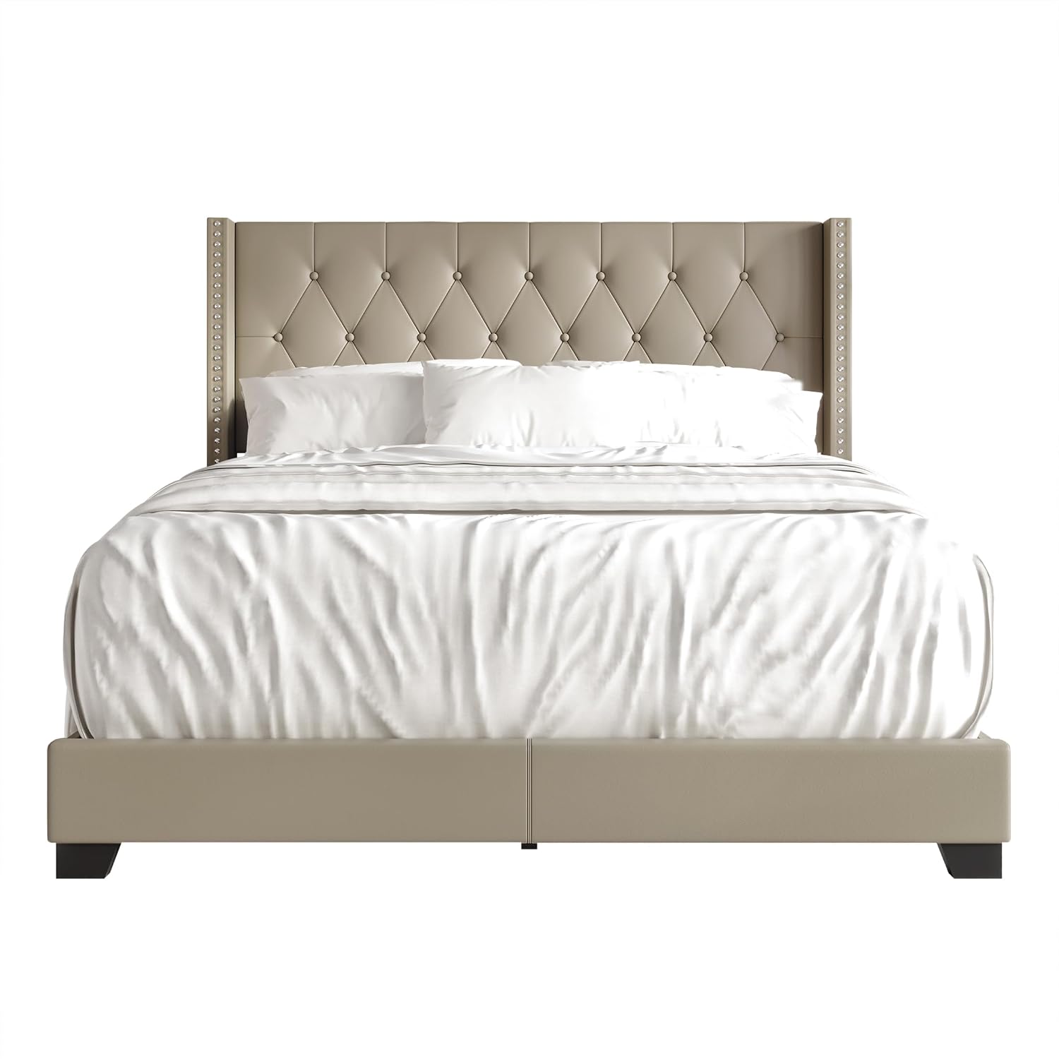 Queen Button Tufted Wingback Faux Leather Upholstered Bed, Gold