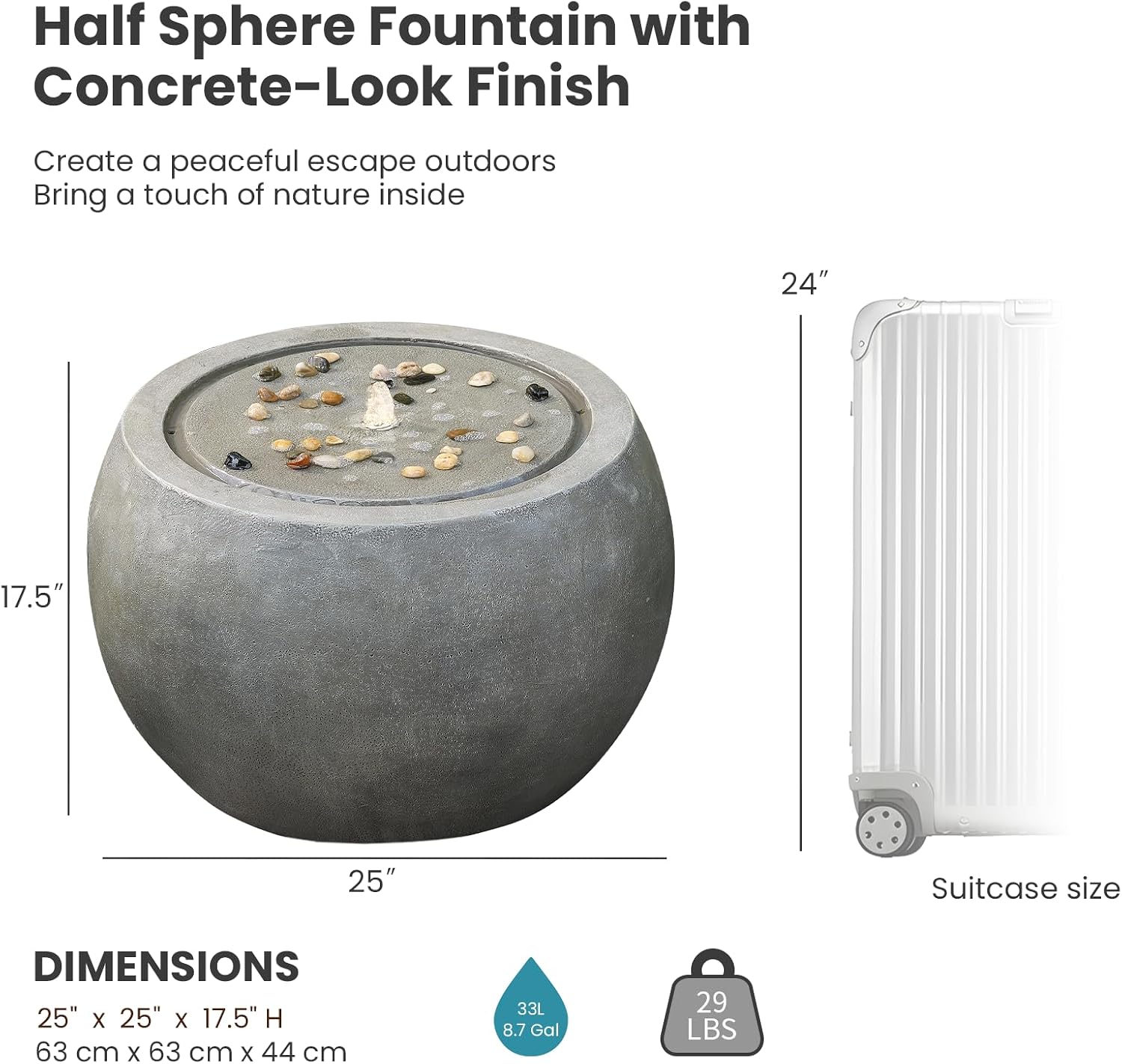 Tankana Solar Water Fountain Outdoor Garden Bubbler Large Water Feature Outdoor Fountains Solar Powered with Pebbles for Patio Deck Yard Home Decor Gray, 25 'L X 25' W X 17.5' H