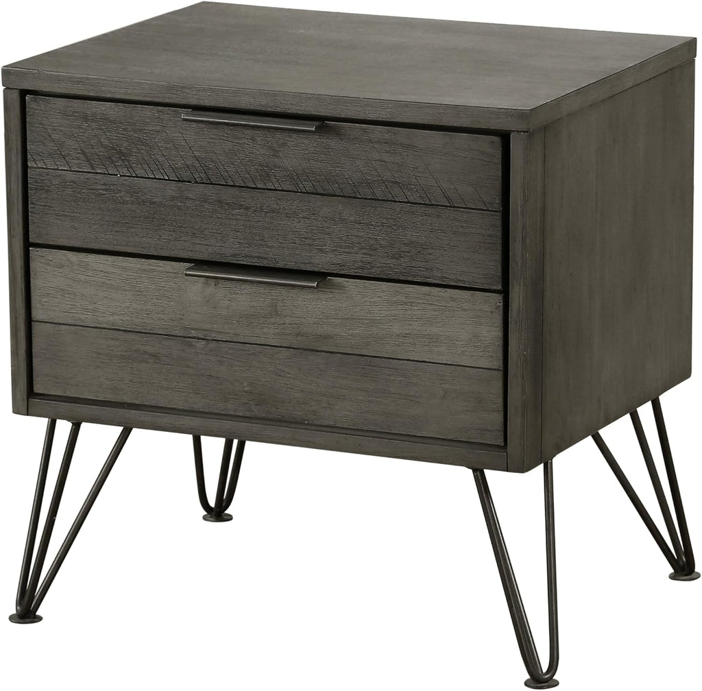 5-Piece Modern Queen Size Bed Set Panel Gray Finish Solid Acacia Wood Metal Legs Bedroom Furniture