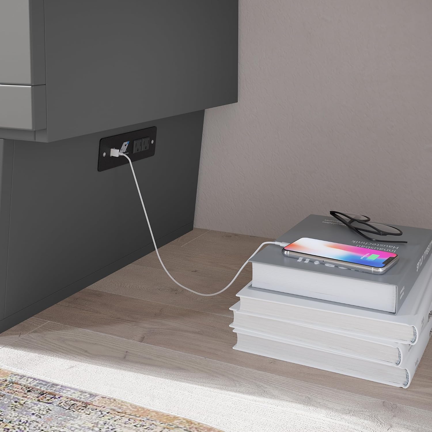 AFI, Nantucket Queen Murphy Bed Chest with Mattress, Storage Drawer and Built-In USB Charger, Grey