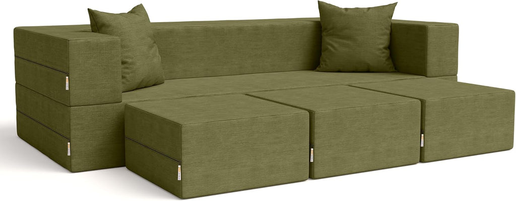 Jaxx Zipline Convertible Sleeper Sofa & Three Ottomans/California King-Size Bed, Moss