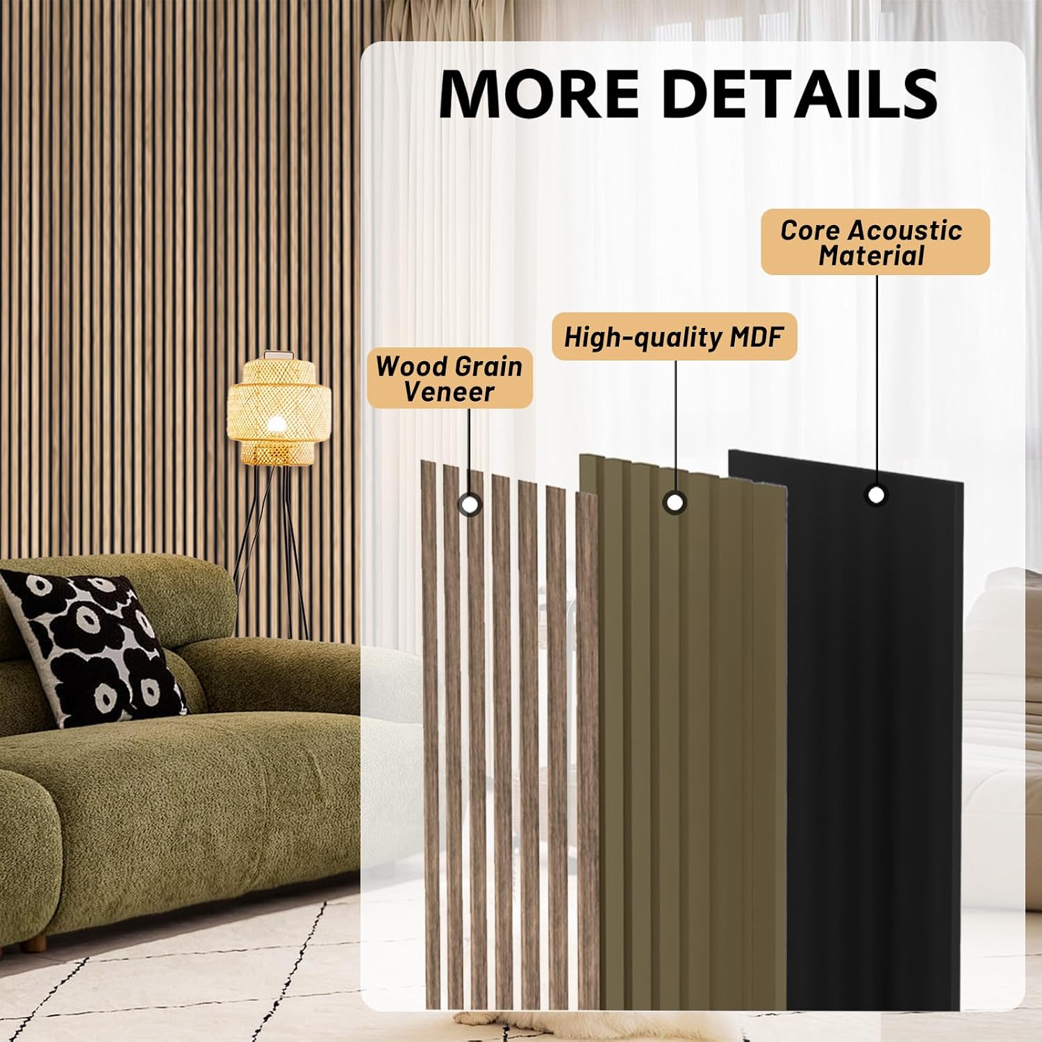 RITOLLO 4-Piece Wood Slat Panels for Wall 94.5'×11' Acoustic Panels for Interior Wall Decor 3D Fluted Sound Absorbing Panel - Natural Walnut