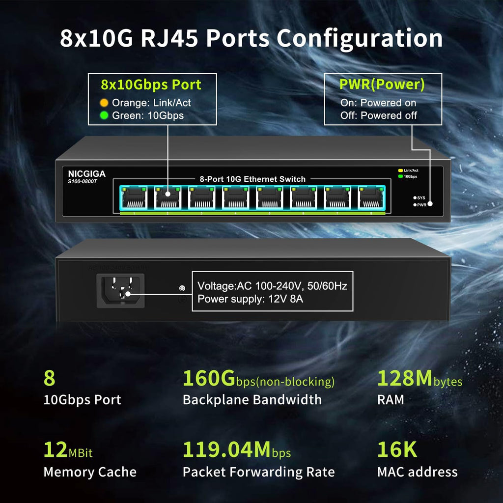 8 Port 10G Ethernet Switch Unmanaged,with 8X 10Gb Base-T Ports, NICGIGA 10Gbps Network Switch Easy for 10G NAS,PC,WiFi7 Router,10G Adapter/NIC. Desktop or 19-inch Rack Mount, Plug and Play.