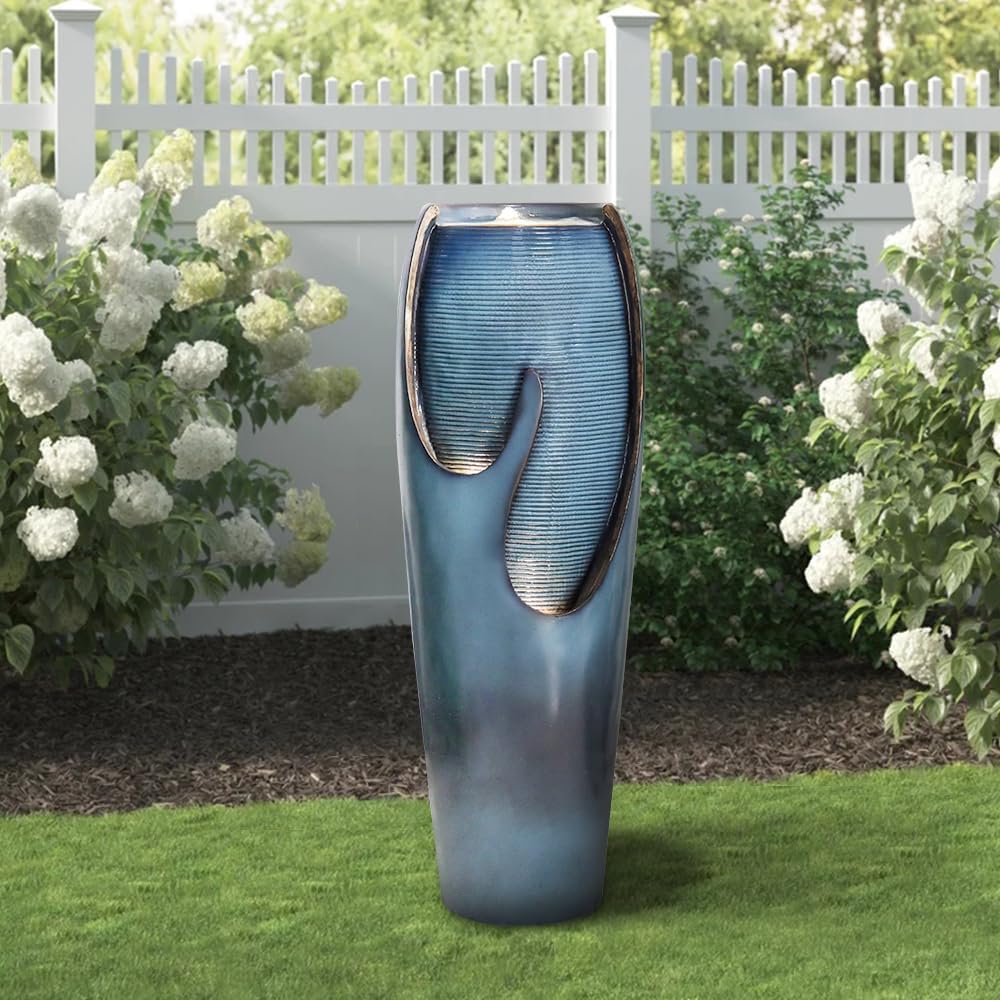 watnature 38.7'Tall Outdoor Water Fountains and Waterfalls - Indoor Water Urn Fountain, Modern Floor Standing Water Fountains with LED Lights and Pump for Garden, Patio, House Decor