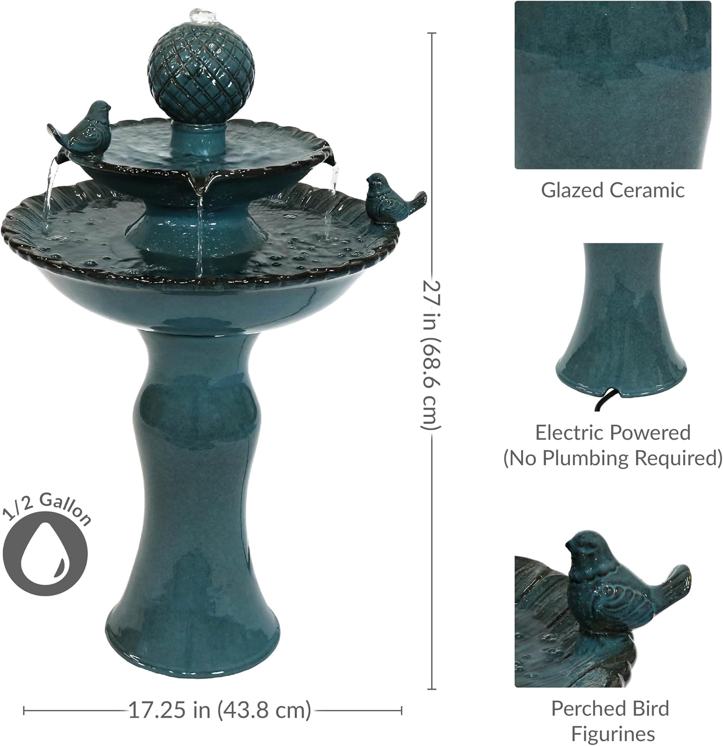 Sunnydaze 27' H 2-Tier Ceramic Water Fountain - Outdoor Water Feature for Patio, Yard, Balcony - Garden Fountain - Blue