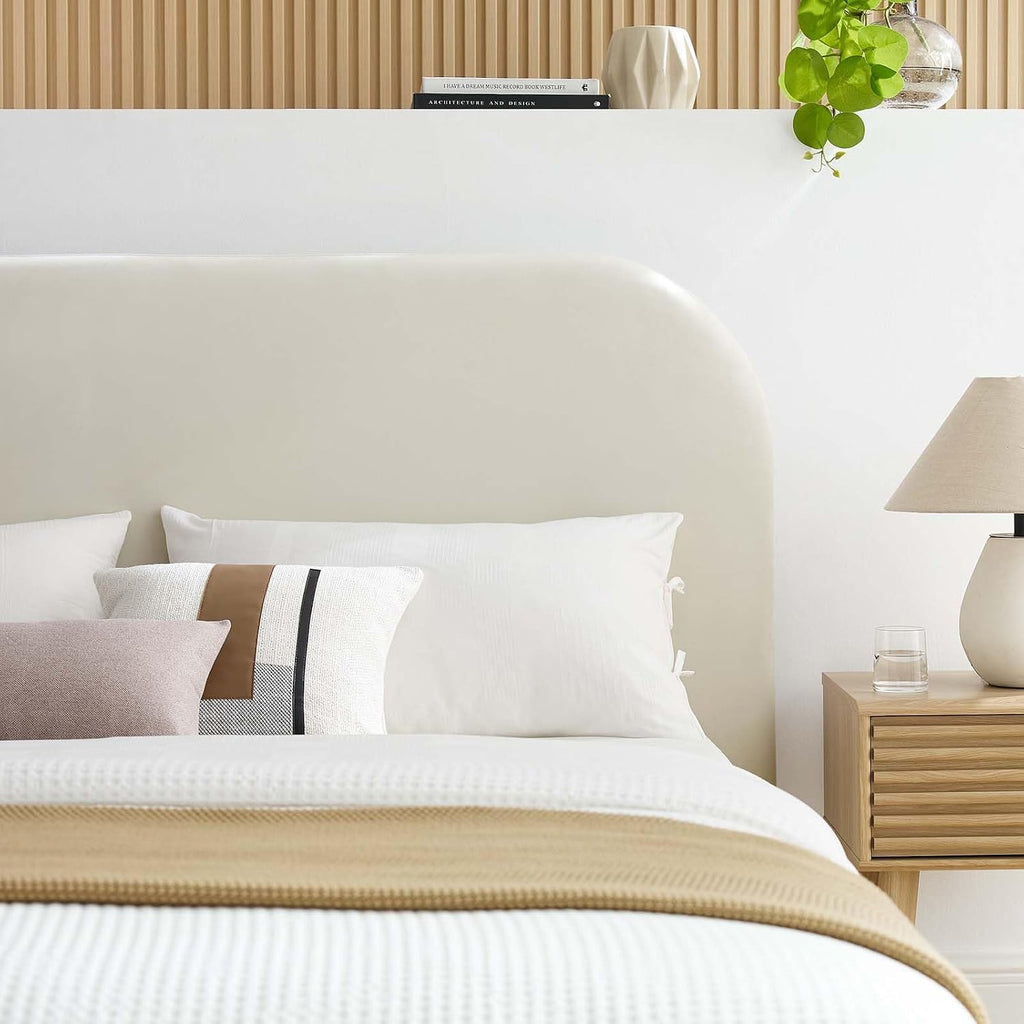 Modway Keynote Modern Full Bed Frame with Curve Shaped Headboard in Alabaster, Upholstered in Performance Velvet, Full Size Platform Bed, Soft Cloud Bed Frameain-Resistant Velvet Full Bed