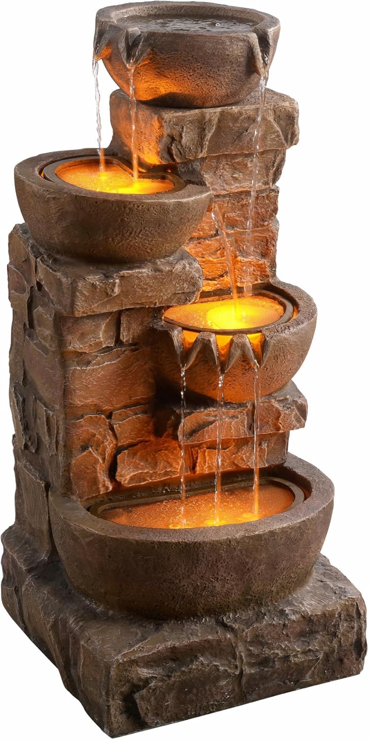 Teamson Home 33.27' Cascading Bowls & Stacked Stones LED Water Fountain for Outdoor Living Spaces, Brown