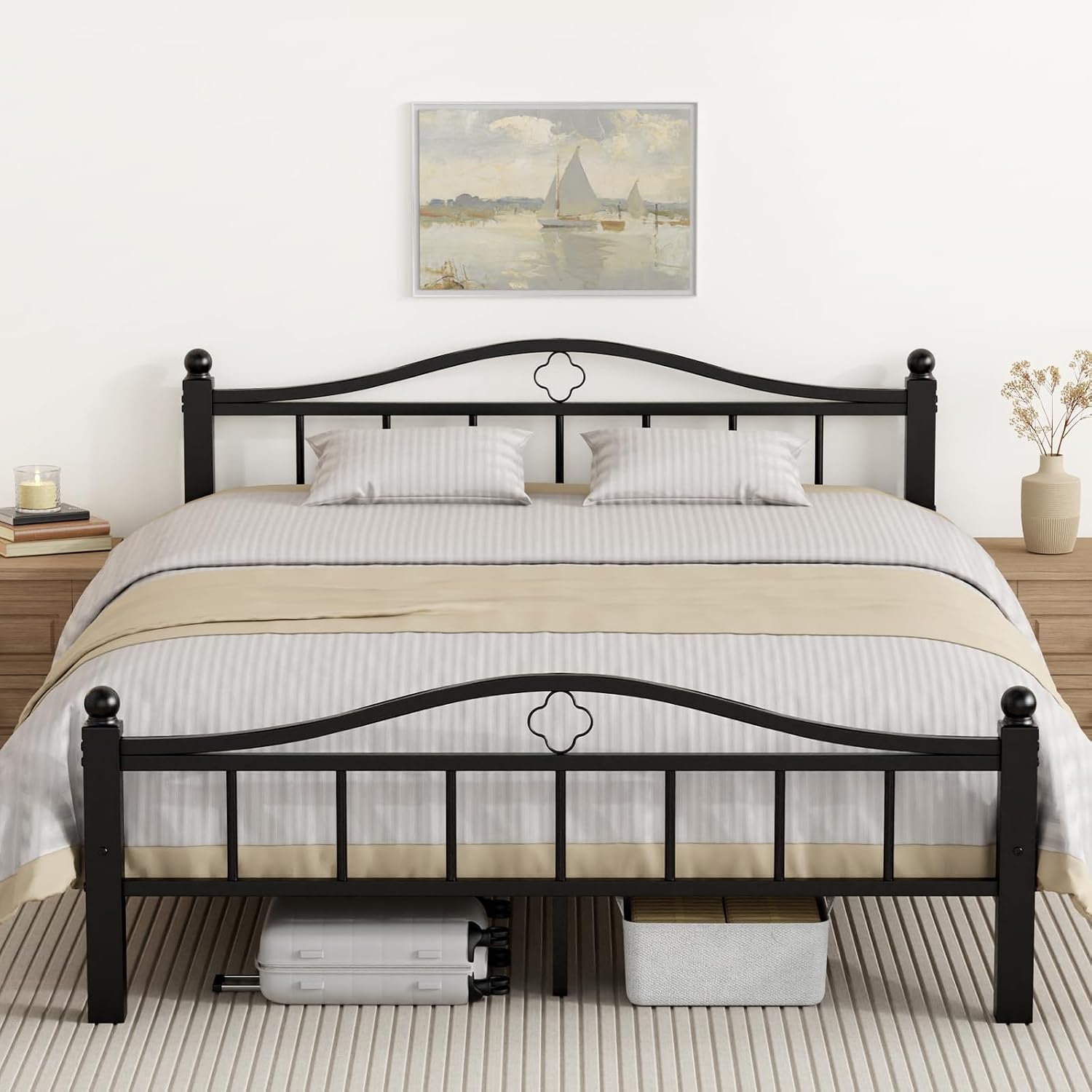 Metal Queen Bed Frame with Headboard, 1500lb No Squeak Platform, 12' Underbed Storage, Tool-Free 30-Min Assembly, No Box Spring Needed, Black