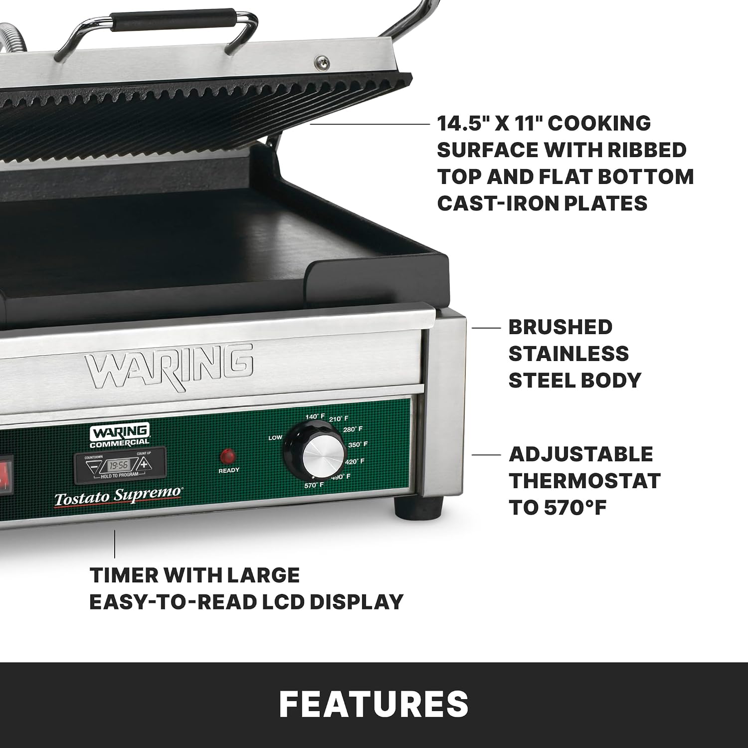 Waring Commercial Panini Press with Timer, Ribbed & Flat Cast Iron Plates, 14.5' x 11' Cooking Surface, 570°F Adjustable Thermostat, for Sandwiches up to 3' Thick, 120V, WDG250T