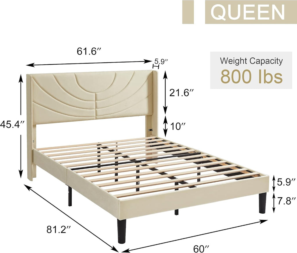 VECELO Queen Size Upholstered Platform Bed Frame with Fabric Headboard,Wooden Slats Support/No Box Spring Needed/Mattress Foundation/Easy Assembly,Beige