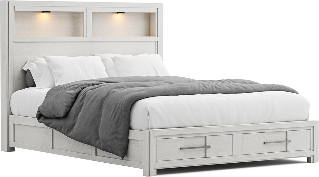 Furniture of America Echo Solid Wood 5-Piece Bedroom Set, Queen Size Platform Bed with Drawers and LED Lighting, Felt-Lined Top Storage, No Box Spring Required, White