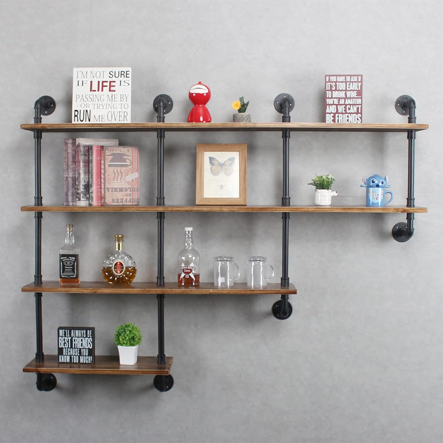 MBQQ 4-Tiers 63inch Industrial Pipe Shelving,Rustic Floating Shelves,Shelves Wall Mount with Wine Rack,Decorative Accent Wall Book Shelf for Kitchen or Office Organizer,Brown