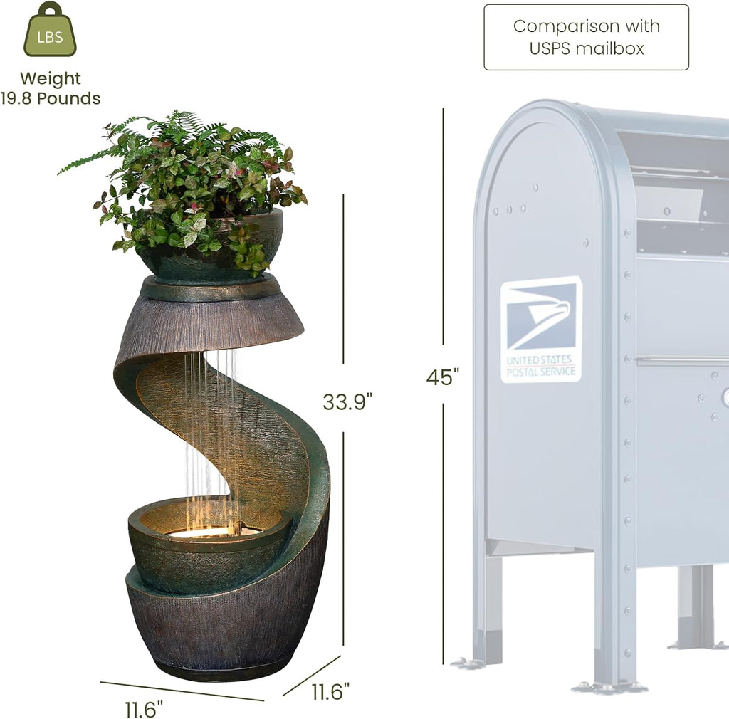 31.9' Outdoor Water Fountain with Lights – S-Shaped Water Feature Outdoor Modern Resin Waterfall Feature with Bowl Planter, Decorative Garden Fountain for Patio Balcony Porch Yard, Gold